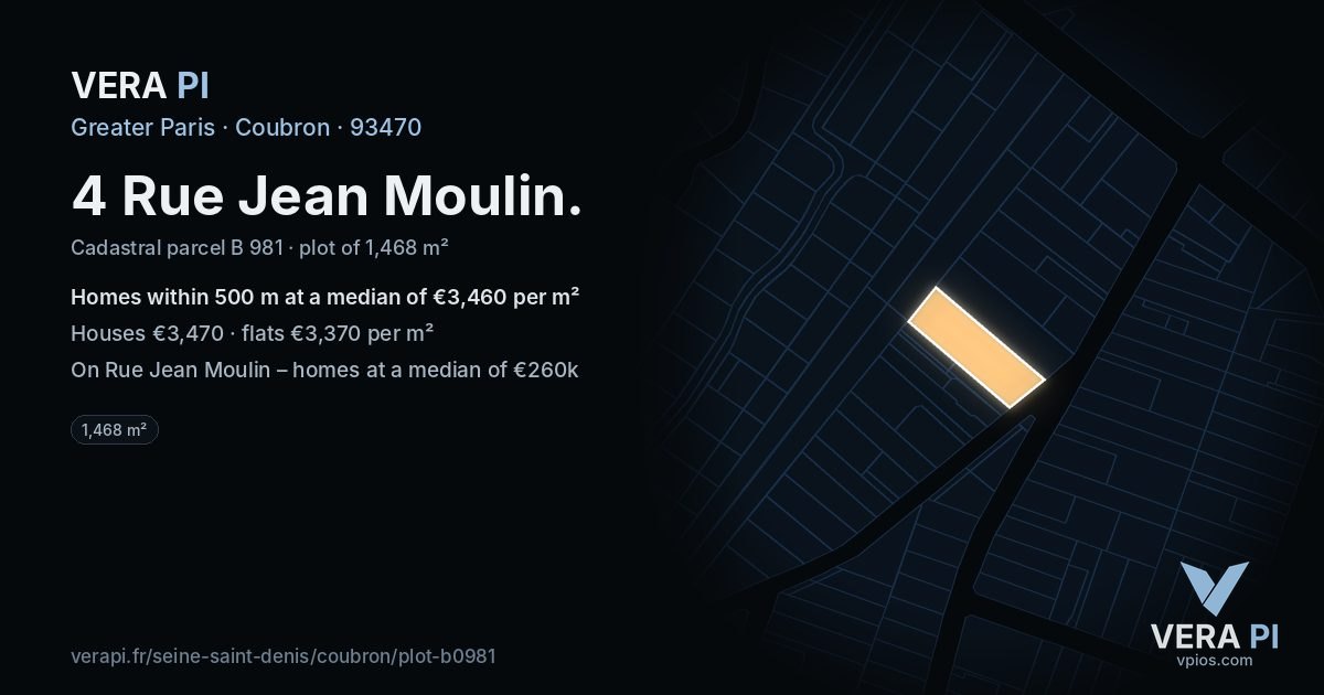 4 Rue Jean Moulin, Coubron at night – the plot lit, the parcels around coloured by the prices near them