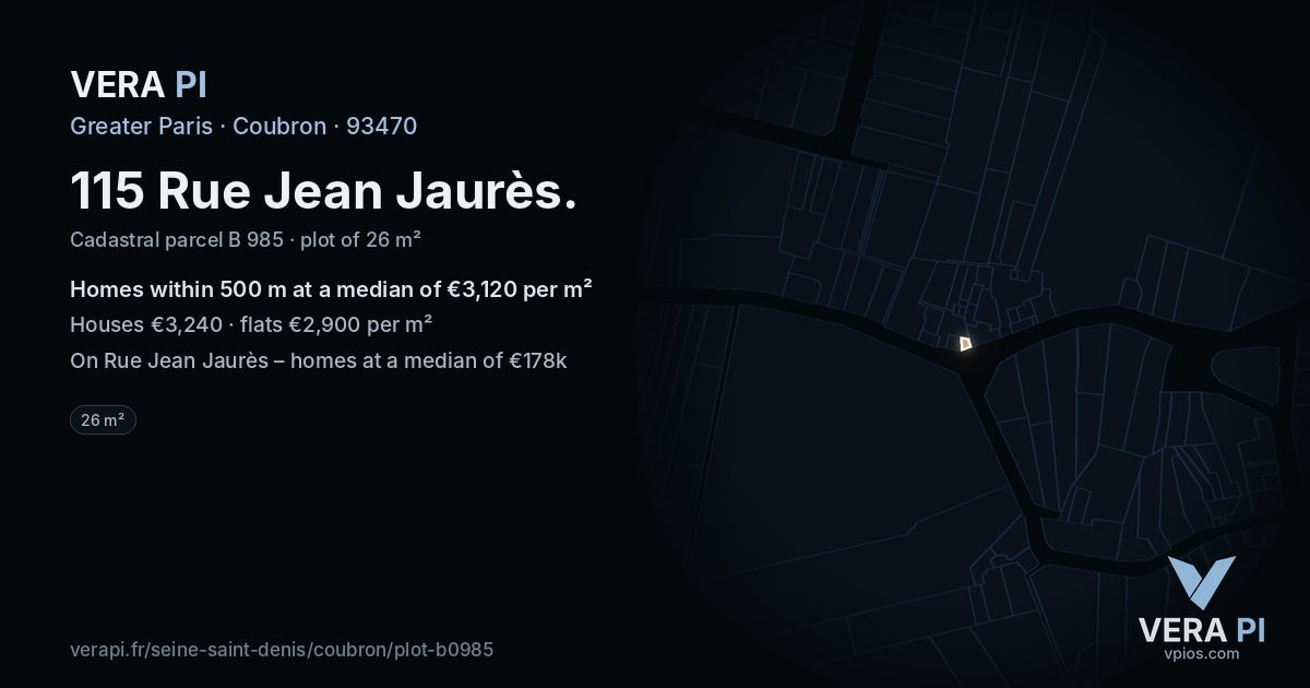 115 Rue Jean Jaurès, Coubron at night – the plot lit, the parcels around coloured by the prices near them