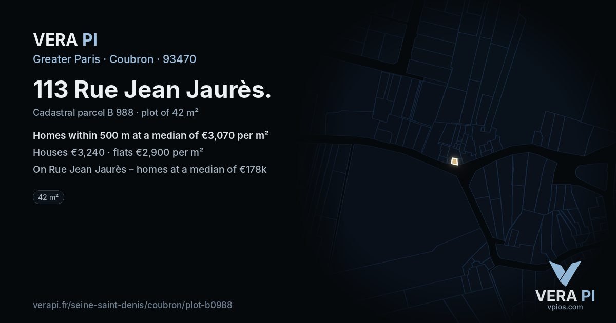 113 Rue Jean Jaurès, Coubron at night – the plot lit, the parcels around coloured by the prices near them