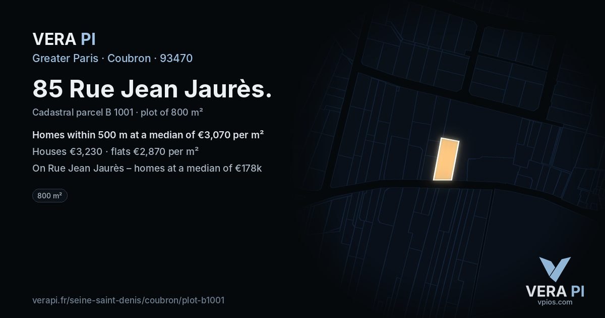 85 Rue Jean Jaurès, Coubron at night – the plot lit, the parcels around coloured by the prices near them