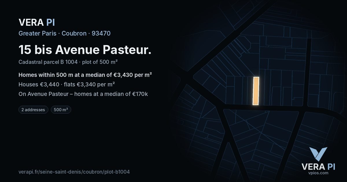 15 bis Avenue Pasteur, Coubron at night – the plot lit, the parcels around coloured by the prices near them