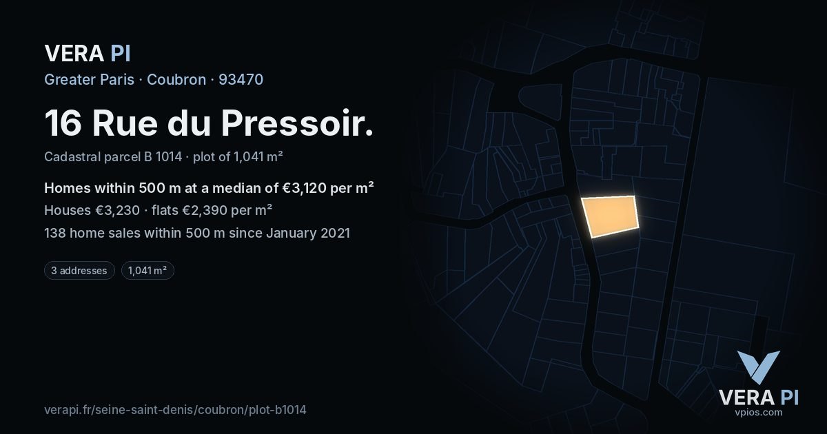 16 Rue du Pressoir, Coubron at night – the plot lit, the parcels around coloured by the prices near them