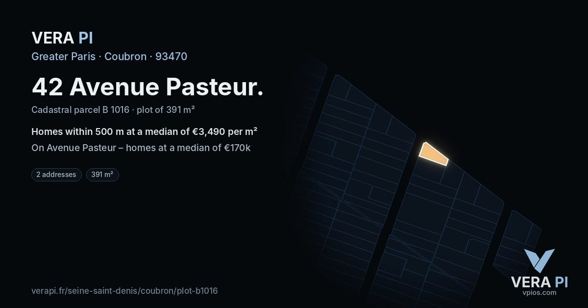 42 Avenue Pasteur, Coubron at night – the plot lit, the parcels around coloured by the prices near them