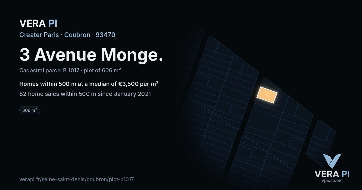 3 Avenue Monge, Coubron at night – the plot lit, the parcels around coloured by the prices near them