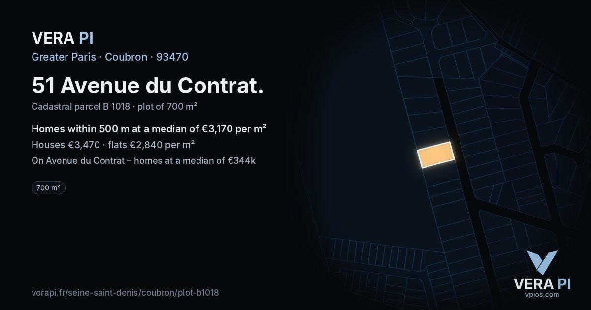 51 Avenue du Contrat, Coubron at night – the plot lit, the parcels around coloured by the prices near them