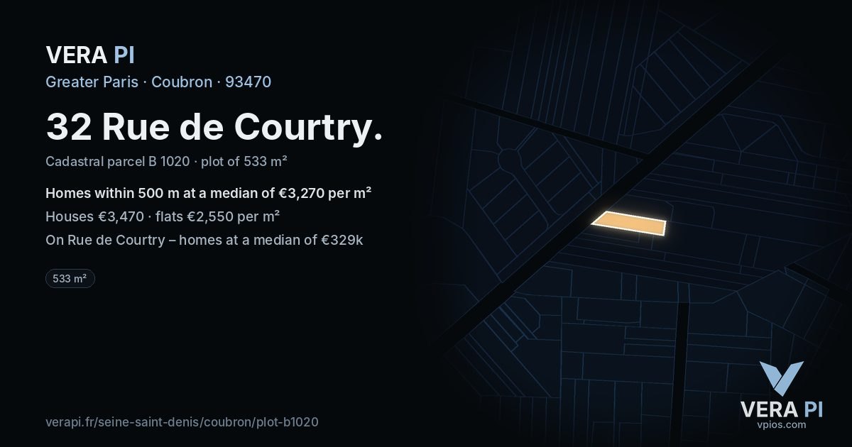 32 Rue de Courtry, Coubron at night – the plot lit, the parcels around coloured by the prices near them