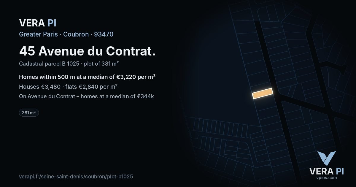 45 Avenue du Contrat, Coubron at night – the plot lit, the parcels around coloured by the prices near them