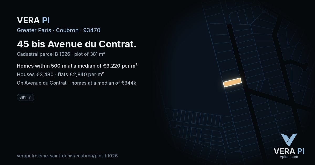 45 bis Avenue du Contrat, Coubron at night – the plot lit, the parcels around coloured by the prices near them