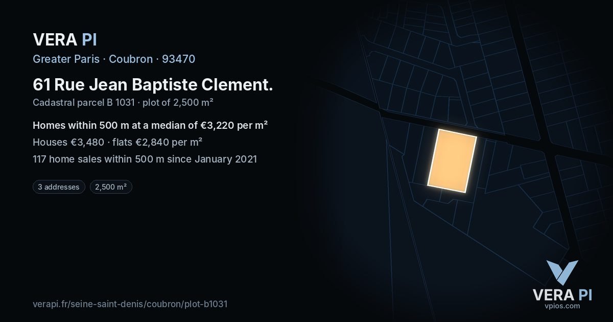 61 Rue Jean Baptiste Clement, Coubron at night – the plot lit, the parcels around coloured by the prices near them
