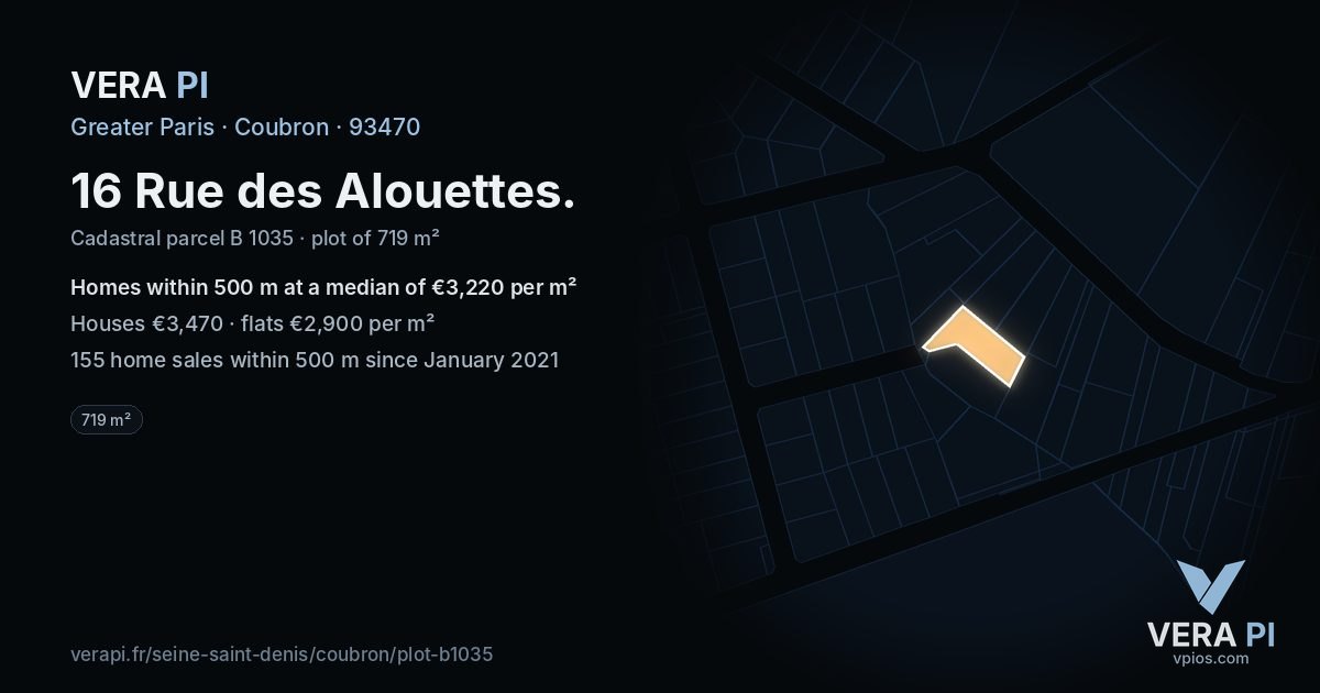 16 Rue des Alouettes, Coubron at night – the plot lit, the parcels around coloured by the prices near them