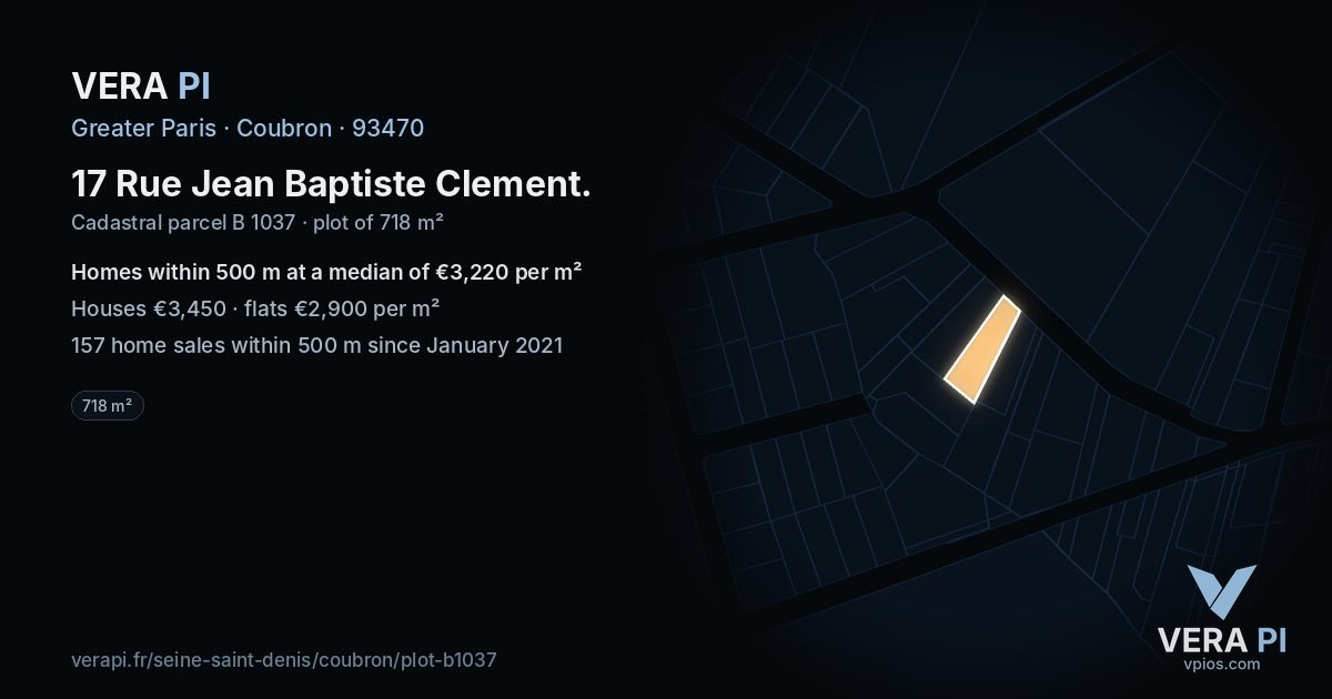 17 Rue Jean Baptiste Clement, Coubron at night – the plot lit, the parcels around coloured by the prices near them