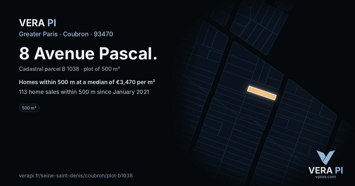 8 Avenue Pascal, Coubron at night – the plot lit, the parcels around coloured by the prices near them
