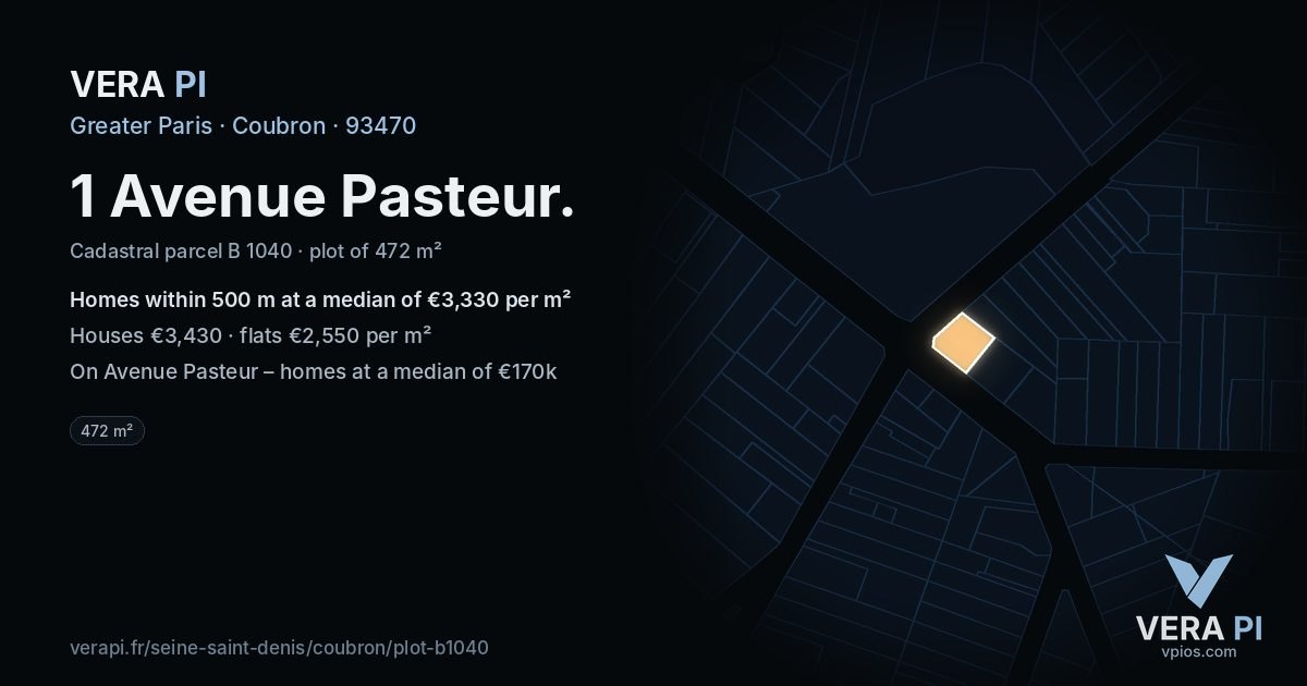 1 Avenue Pasteur, Coubron at night – the plot lit, the parcels around coloured by the prices near them