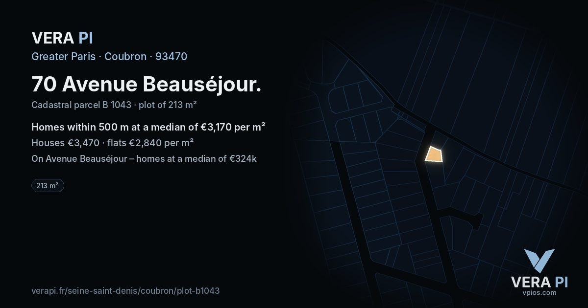 70 Avenue Beauséjour, Coubron at night – the plot lit, the parcels around coloured by the prices near them