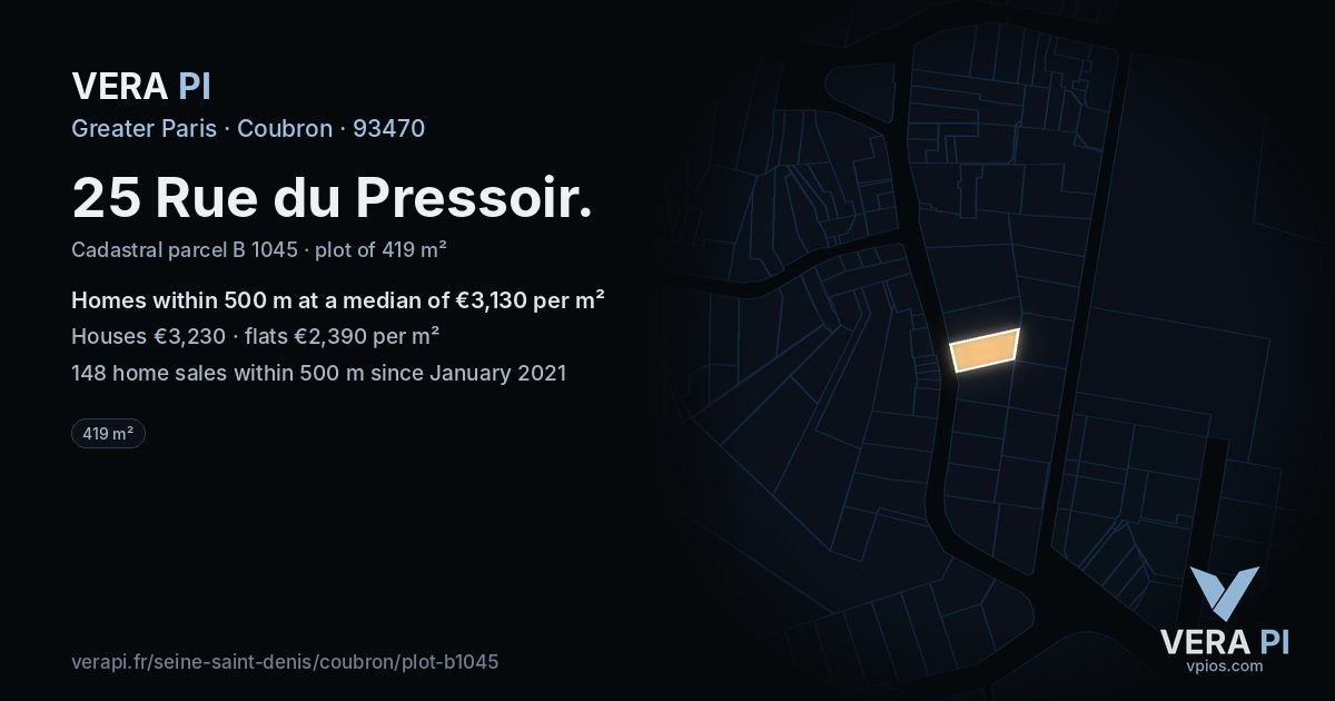 25 Rue du Pressoir, Coubron at night – the plot lit, the parcels around coloured by the prices near them