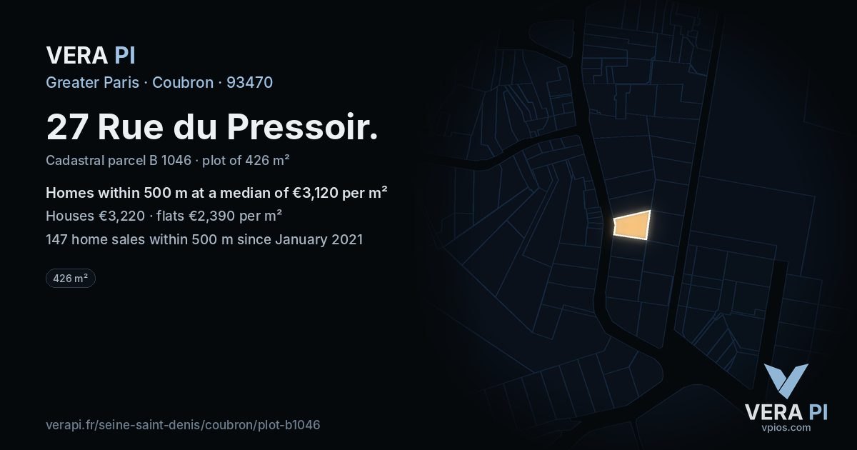 27 Rue du Pressoir, Coubron at night – the plot lit, the parcels around coloured by the prices near them