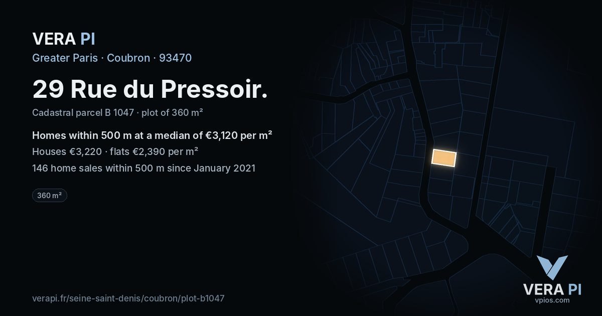 29 Rue du Pressoir, Coubron at night – the plot lit, the parcels around coloured by the prices near them