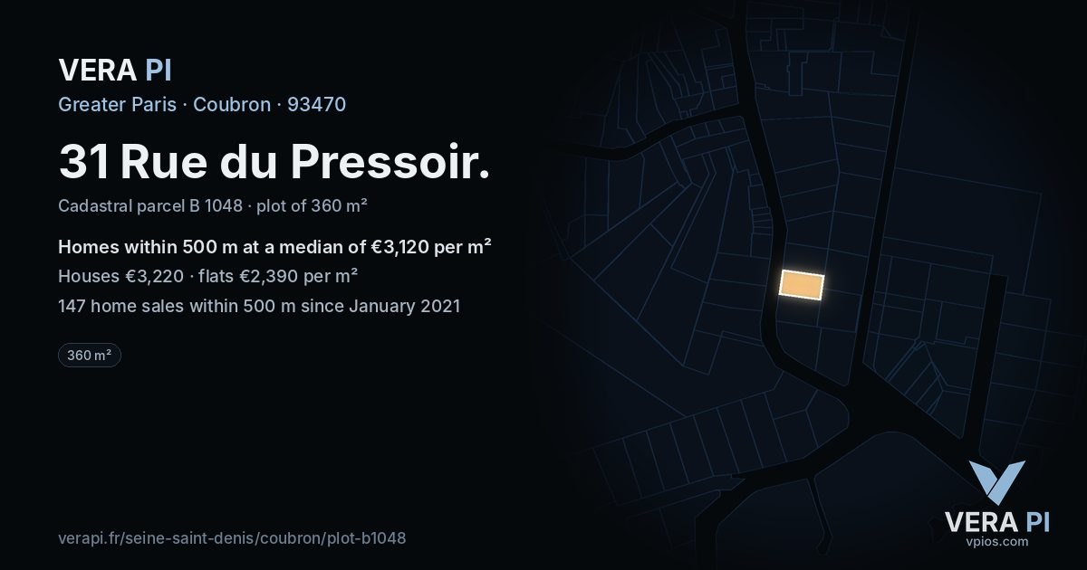 31 Rue du Pressoir, Coubron at night – the plot lit, the parcels around coloured by the prices near them