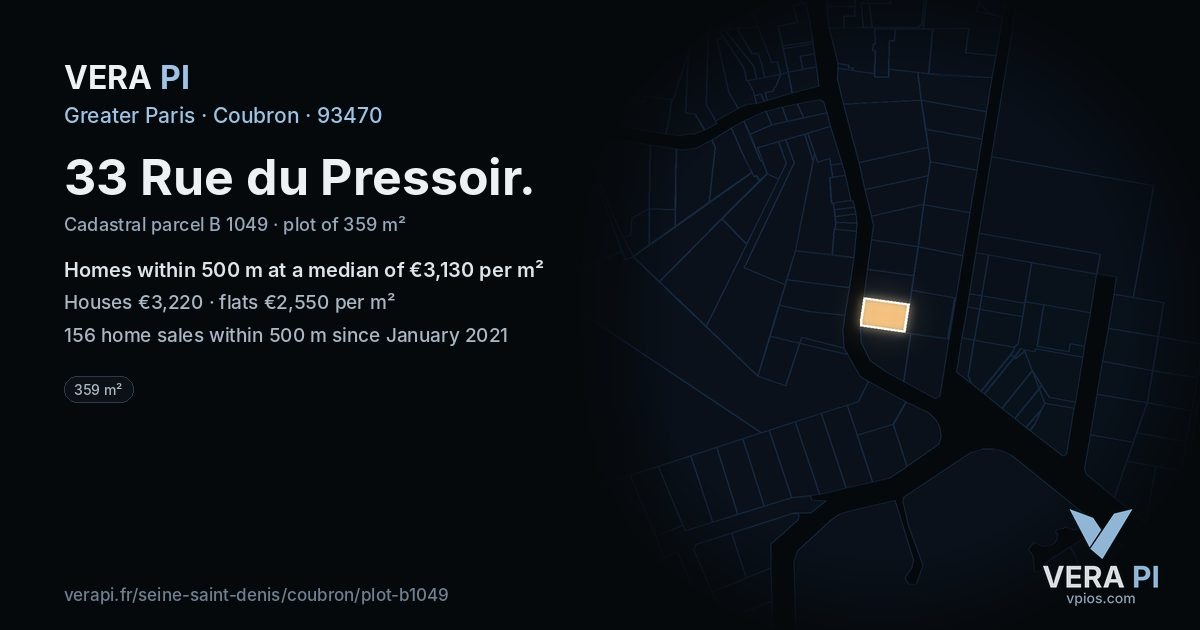 33 Rue du Pressoir, Coubron at night – the plot lit, the parcels around coloured by the prices near them