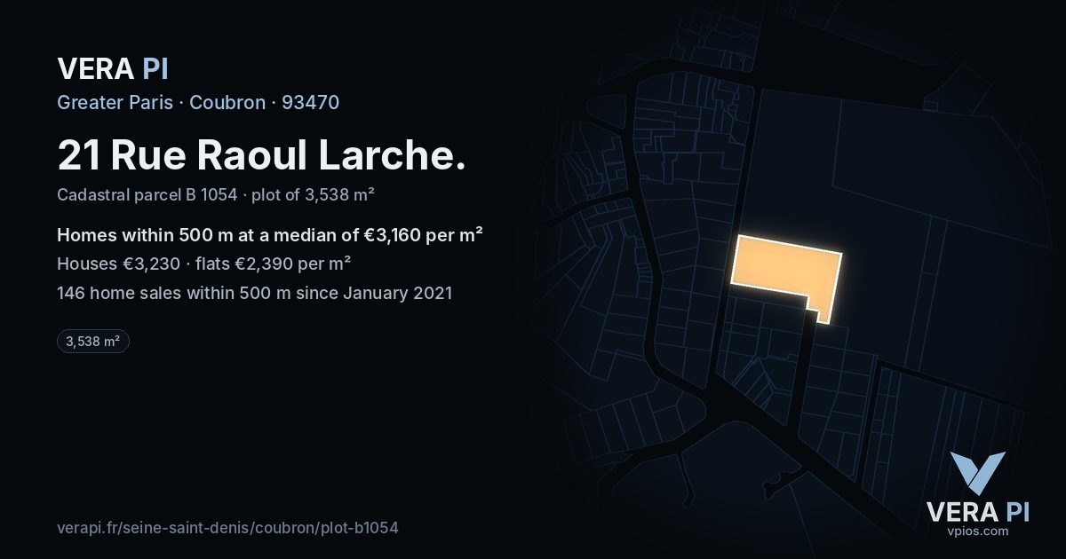 21 Rue Raoul Larche, Coubron at night – the plot lit, the parcels around coloured by the prices near them