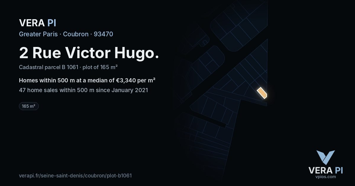 2 Rue Victor Hugo, Coubron at night – the plot lit, the parcels around coloured by the prices near them