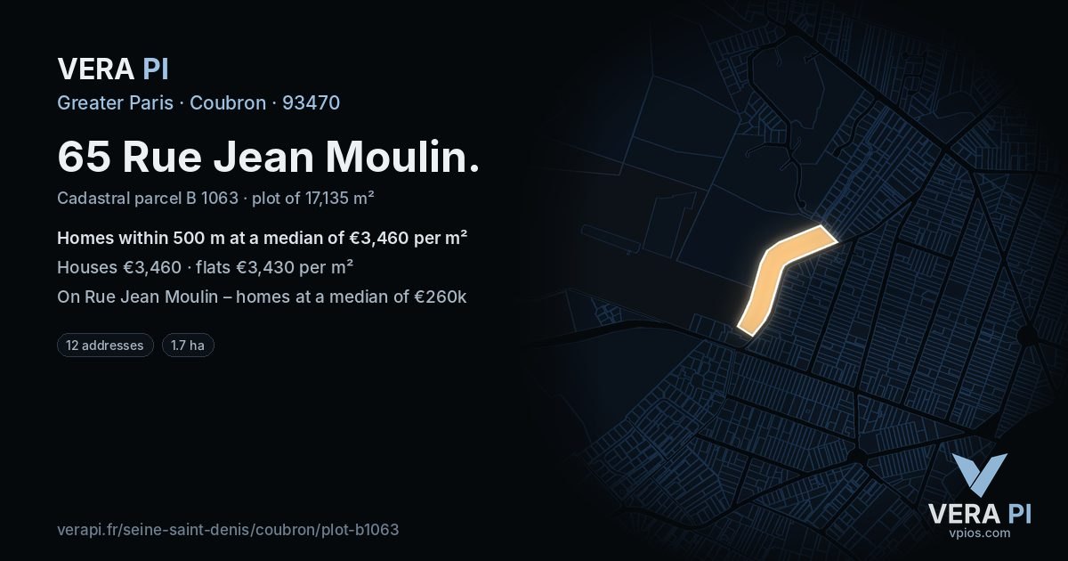 65 Rue Jean Moulin, Coubron at night – the plot lit, the parcels around coloured by the prices near them