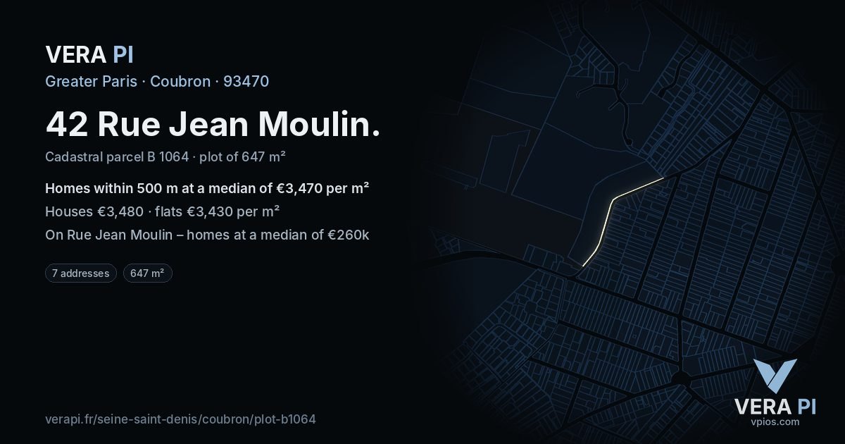 42 Rue Jean Moulin, Coubron at night – the plot lit, the parcels around coloured by the prices near them