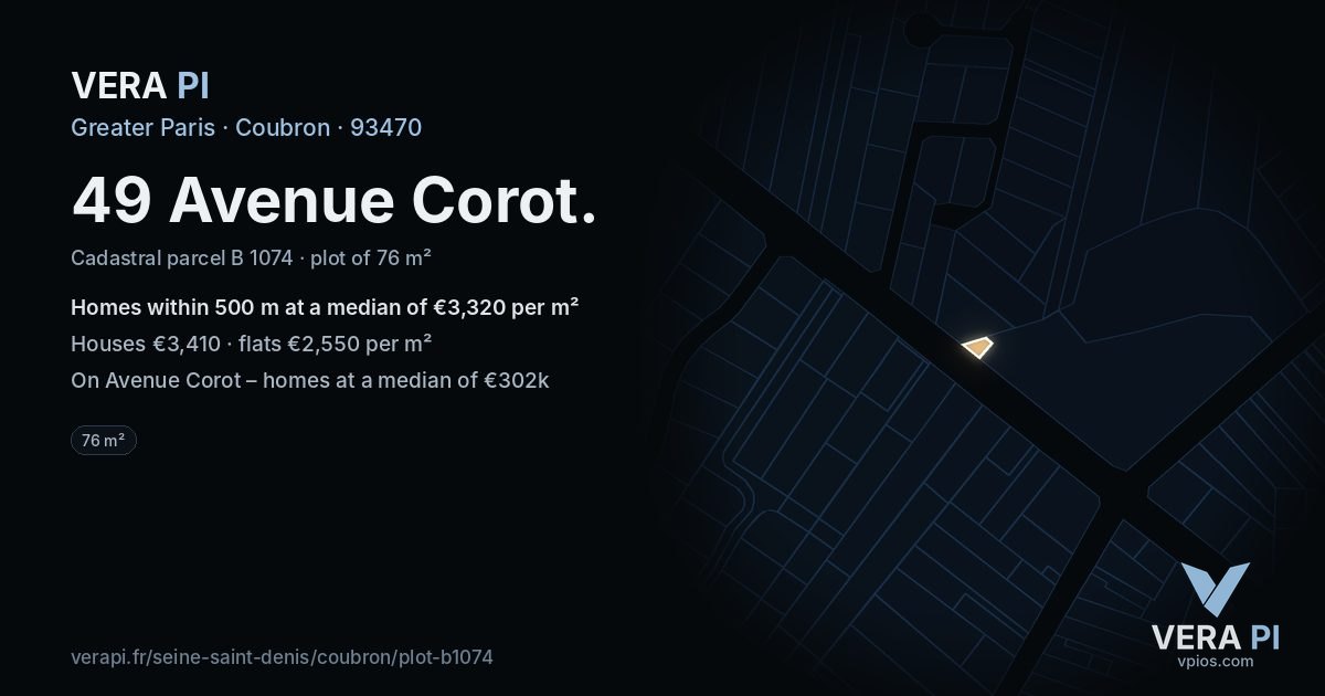 49 Avenue Corot, Coubron at night – the plot lit, the parcels around coloured by the prices near them