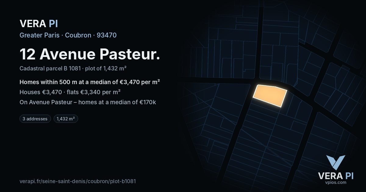 12 Avenue Pasteur, Coubron at night – the plot lit, the parcels around coloured by the prices near them
