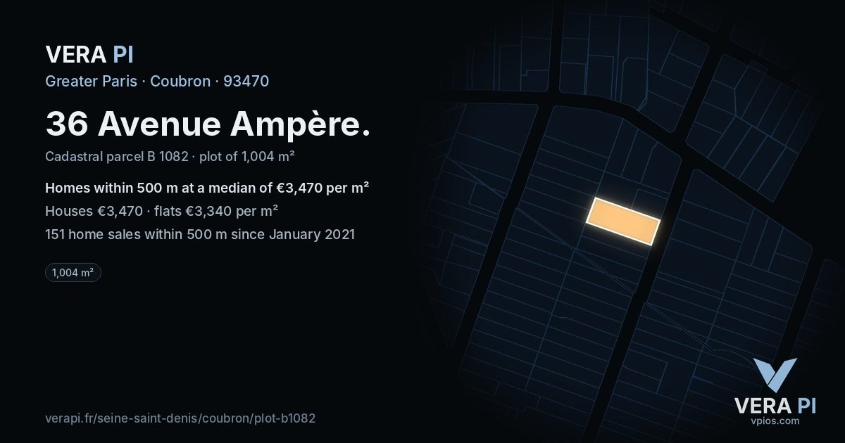 36 Avenue Ampère, Coubron at night – the plot lit, the parcels around coloured by the prices near them