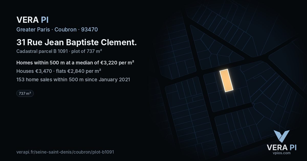 31 Rue Jean Baptiste Clement, Coubron at night – the plot lit, the parcels around coloured by the prices near them