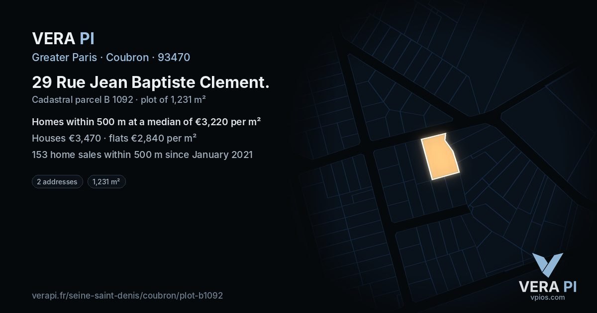 29 Rue Jean Baptiste Clement, Coubron at night – the plot lit, the parcels around coloured by the prices near them