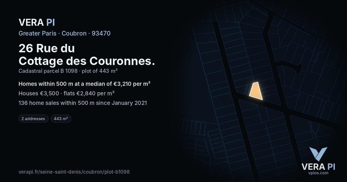 26 Rue du Cottage des Couronnes, Coubron at night – the plot lit, the parcels around coloured by the prices near them