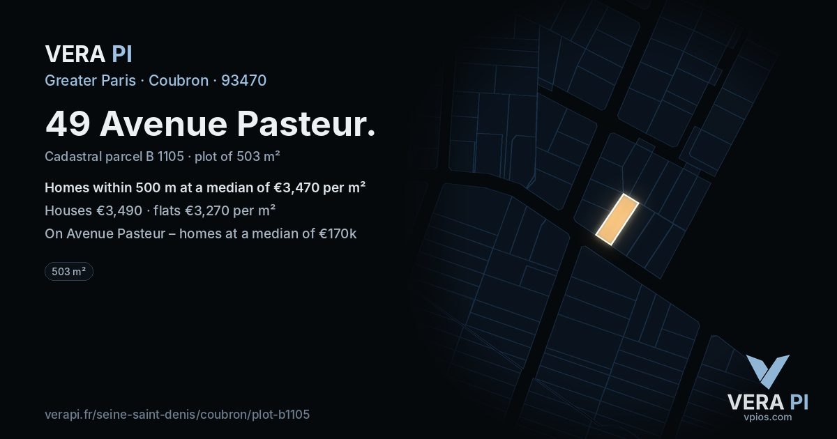 49 Avenue Pasteur, Coubron at night – the plot lit, the parcels around coloured by the prices near them