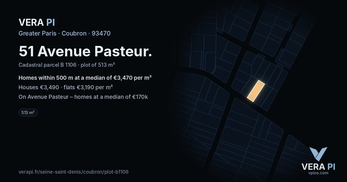 51 Avenue Pasteur, Coubron at night – the plot lit, the parcels around coloured by the prices near them