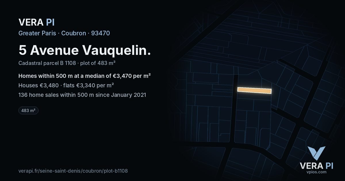 5 Avenue Vauquelin, Coubron at night – the plot lit, the parcels around coloured by the prices near them