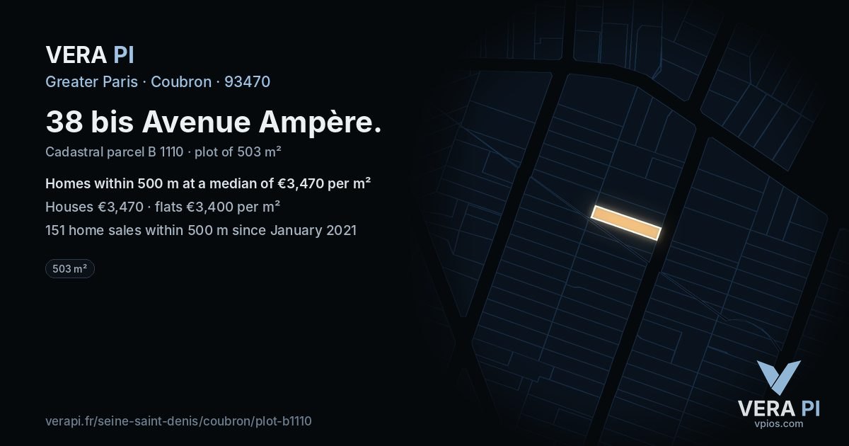 38 bis Avenue Ampère, Coubron at night – the plot lit, the parcels around coloured by the prices near them