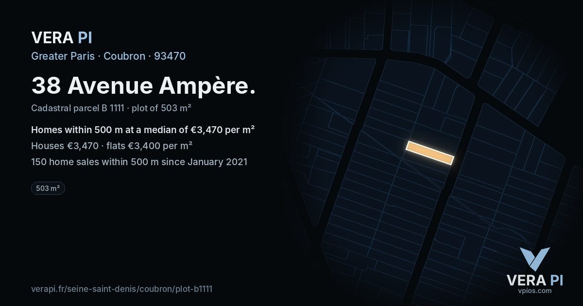 38 Avenue Ampère, Coubron at night – the plot lit, the parcels around coloured by the prices near them