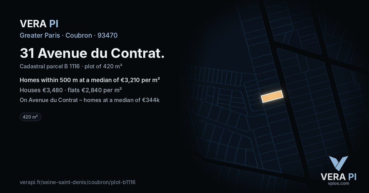 31 Avenue du Contrat, Coubron at night – the plot lit, the parcels around coloured by the prices near them