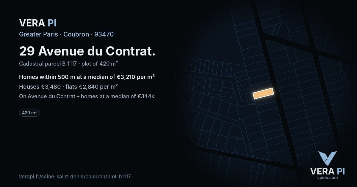 29 Avenue du Contrat, Coubron at night – the plot lit, the parcels around coloured by the prices near them