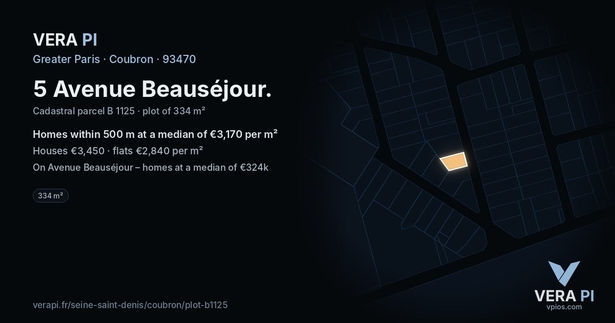 5 Avenue Beauséjour, Coubron at night – the plot lit, the parcels around coloured by the prices near them