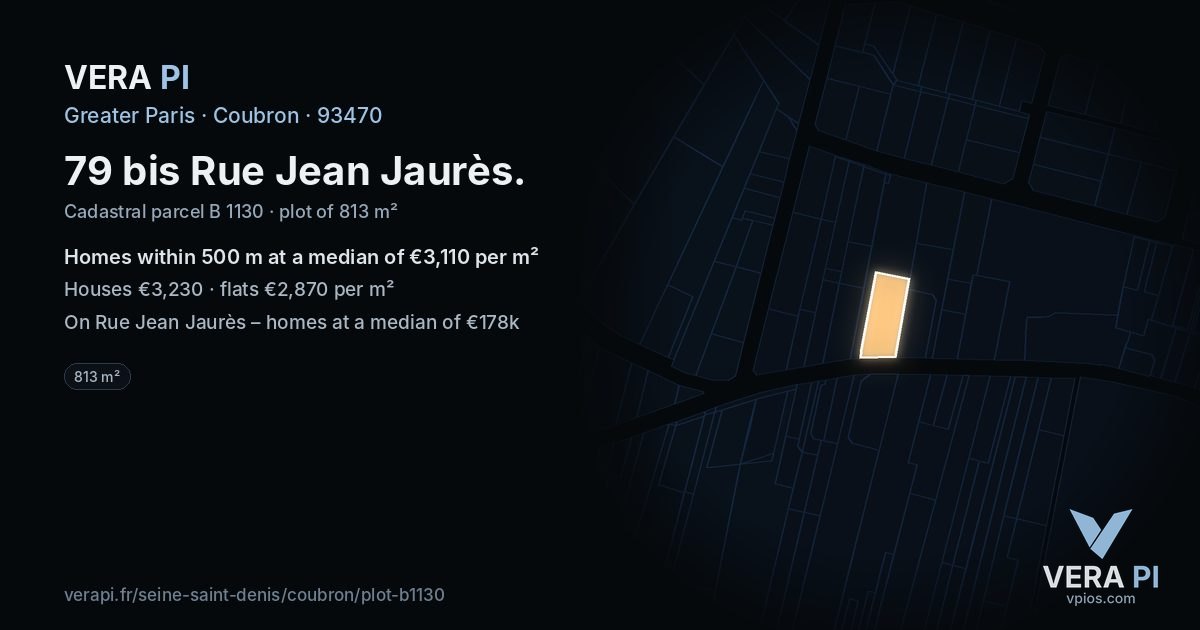 79 bis Rue Jean Jaurès, Coubron at night – the plot lit, the parcels around coloured by the prices near them