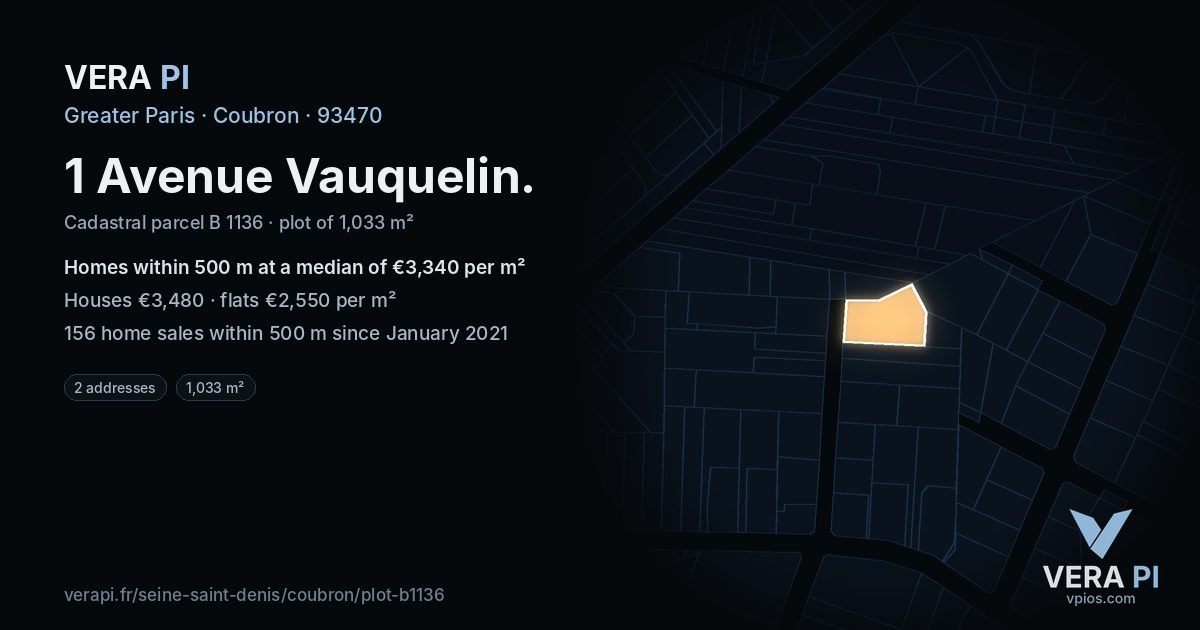 1 Avenue Vauquelin, Coubron at night – the plot lit, the parcels around coloured by the prices near them