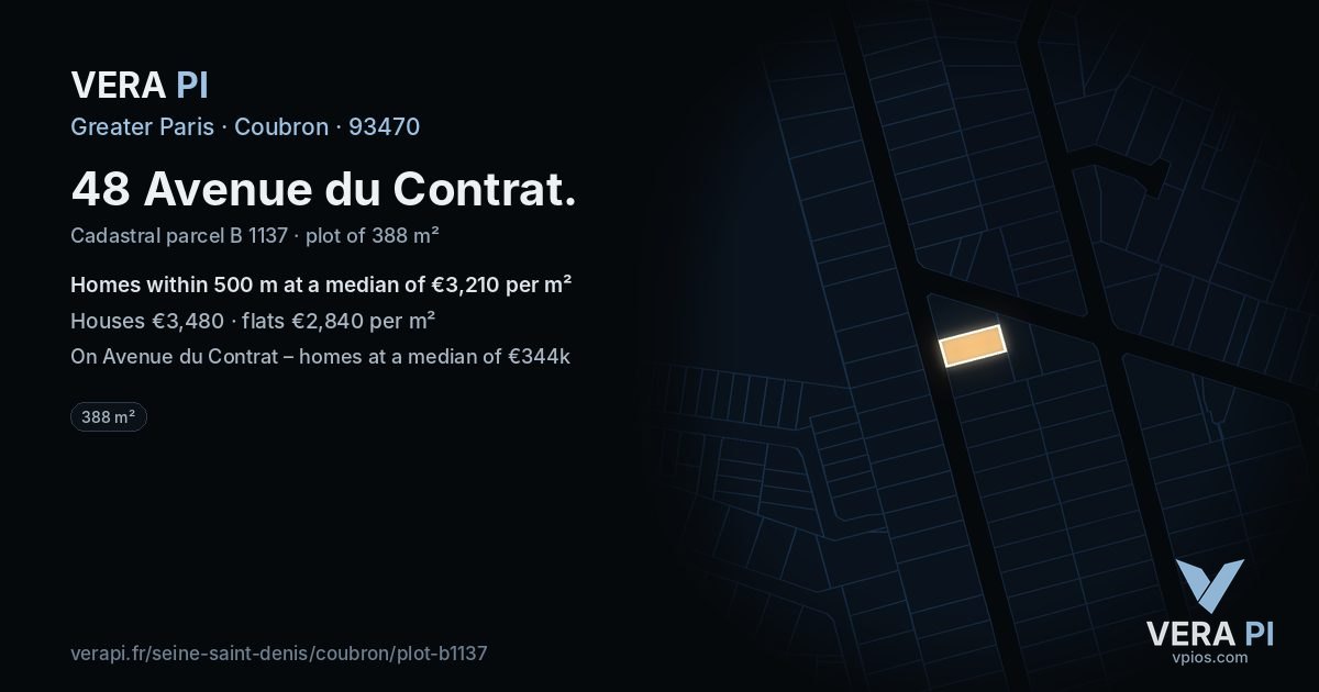 48 Avenue du Contrat, Coubron at night – the plot lit, the parcels around coloured by the prices near them