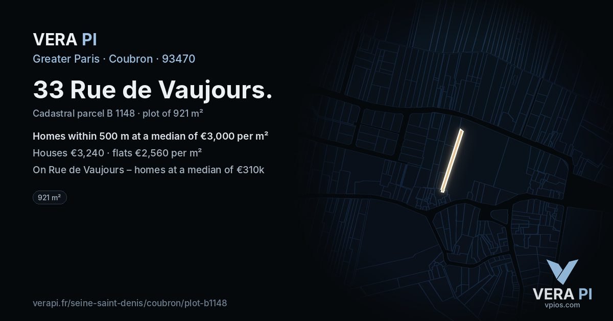 33 Rue de Vaujours, Coubron at night – the plot lit, the parcels around coloured by the prices near them