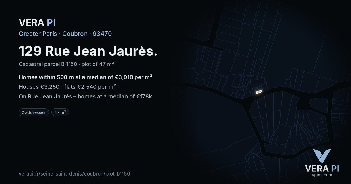 129 Rue Jean Jaurès, Coubron at night – the plot lit, the parcels around coloured by the prices near them
