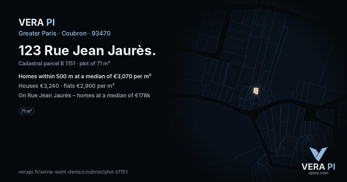 123 Rue Jean Jaurès, Coubron at night – the plot lit, the parcels around coloured by the prices near them
