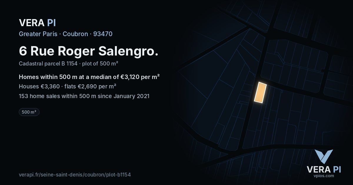 6 Rue Roger Salengro, Coubron at night – the plot lit, the parcels around coloured by the prices near them