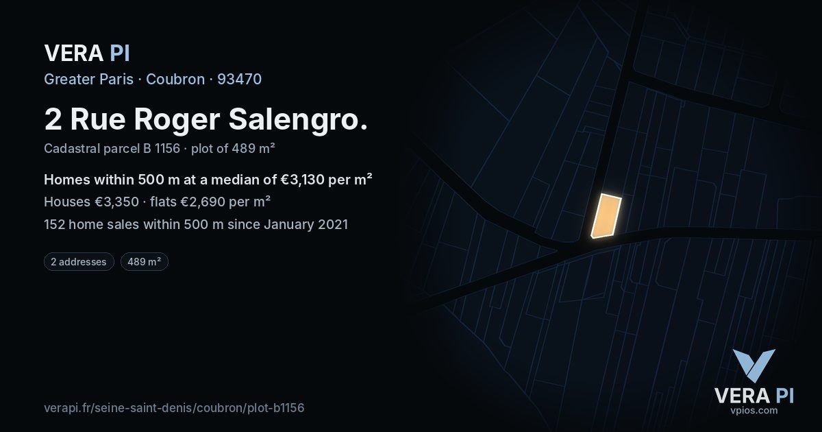 2 Rue Roger Salengro, Coubron at night – the plot lit, the parcels around coloured by the prices near them