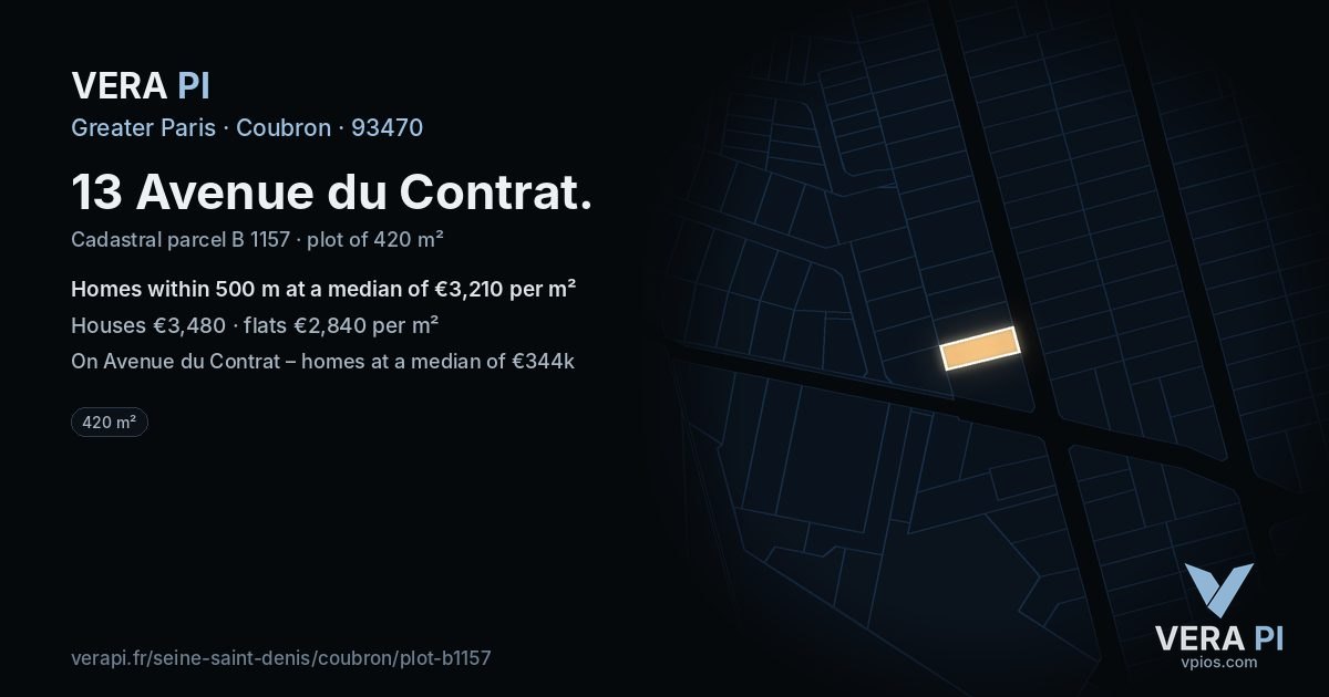 13 Avenue du Contrat, Coubron at night – the plot lit, the parcels around coloured by the prices near them